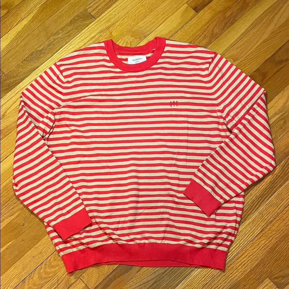 HUDSON NORTH Men’s Striped Crewneck Knit Sweater Cottage Coastal Preppy